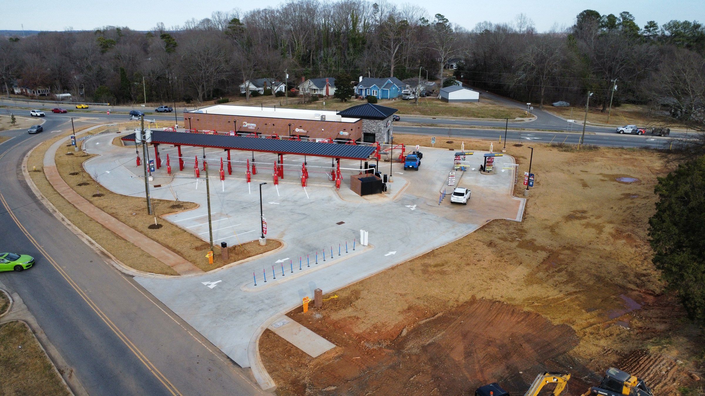 The Tiger Xpress Car Wash lot and Beatty Dr. from above on a clear day