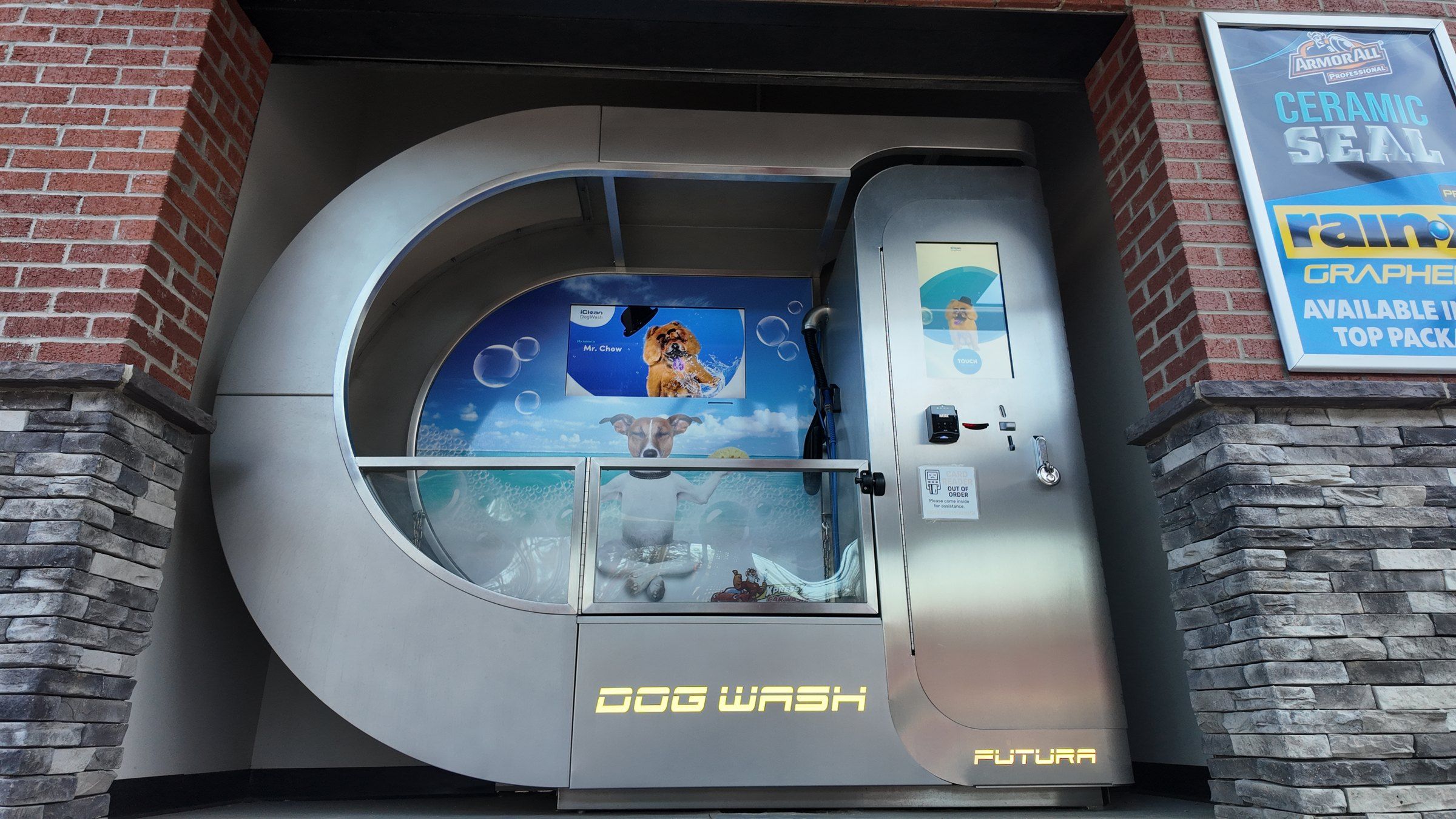 The stainless self-serve dog wash station built into the Tiger Xpress building